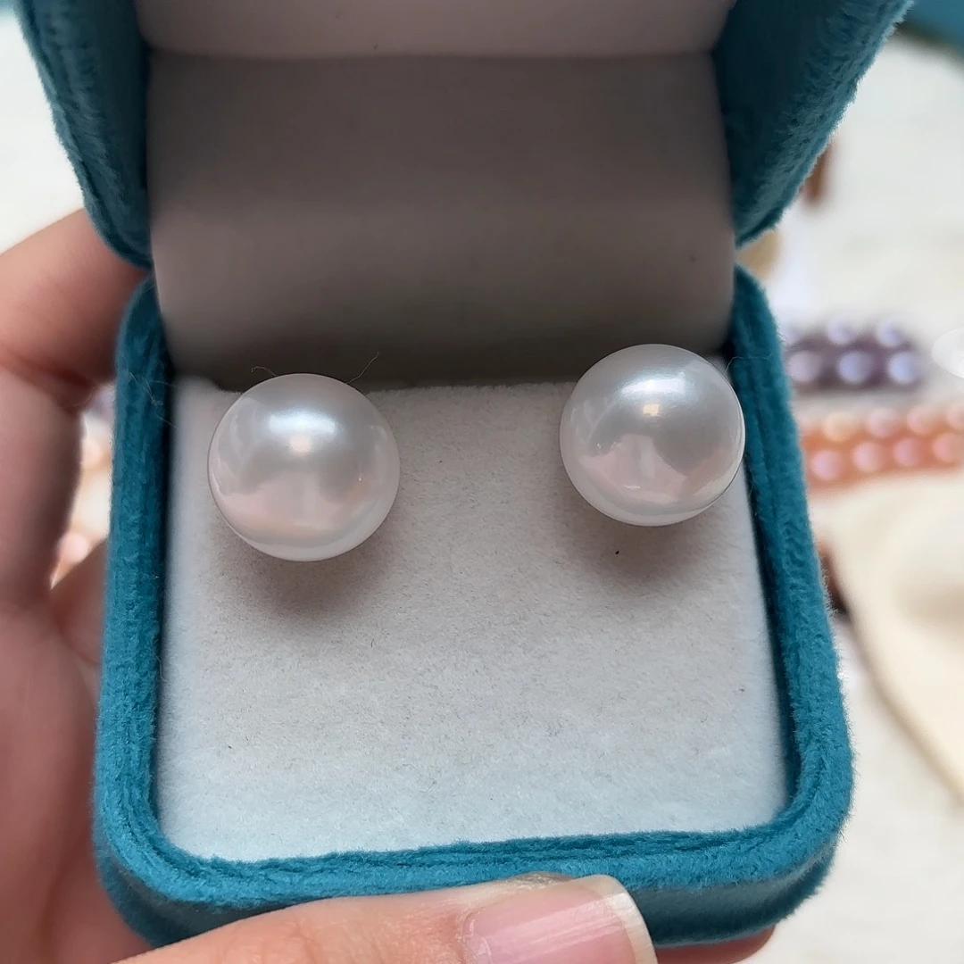 耳饰淡水珍珠银S925镶嵌14-15澳白光无核飞碟