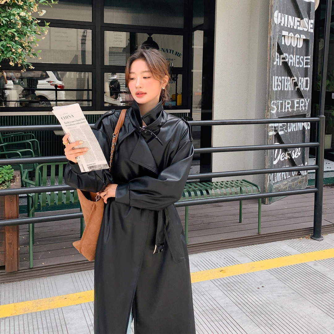 春秋季设计师复古网红收腰显瘦过膝长款皮衣女装外套6211