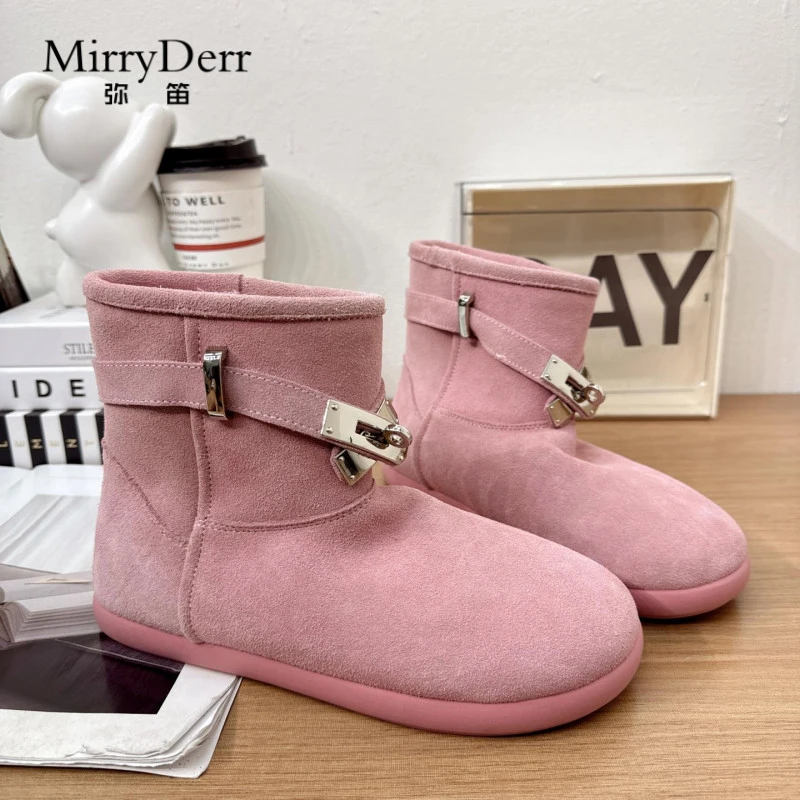 磨砂高端雪地靴女2025冬季加绒保暖短靴金属扣平底舒适博肯棉靴子