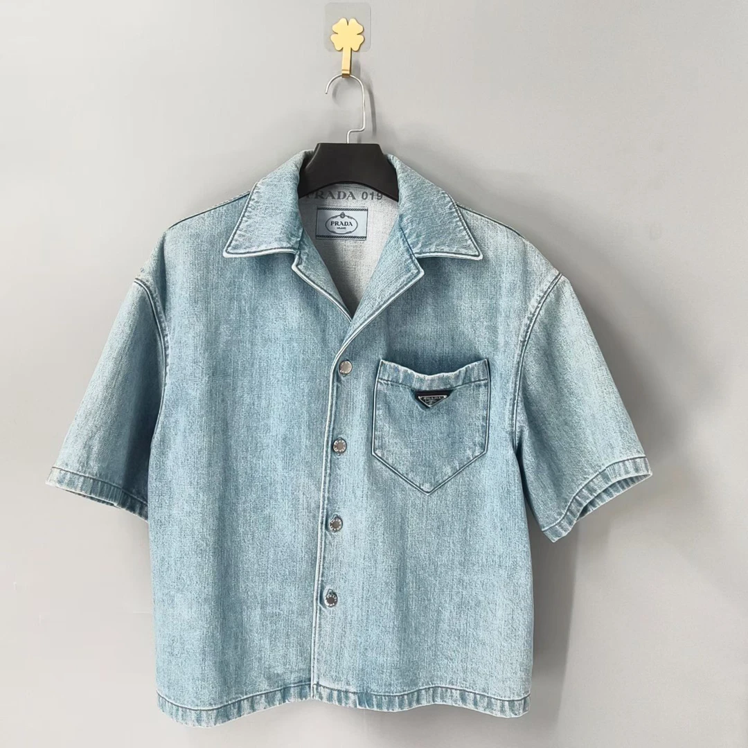 99新 Prada/普拉达 葡萄籽奢潮/prada普拉达三角钢标牛仔衬衫/L