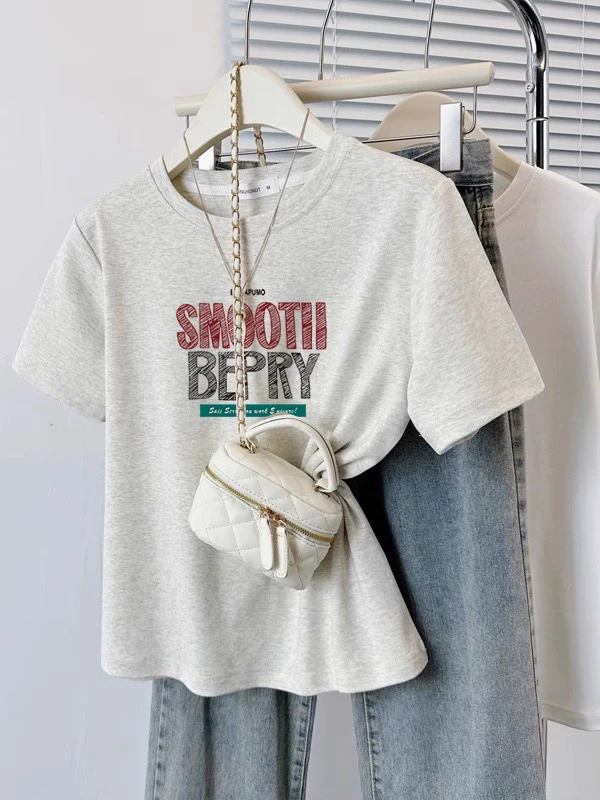 欧货港风女士棉圆领显瘦正肩遮肉上衣新款春夏韩版燕麦色短袖t恤