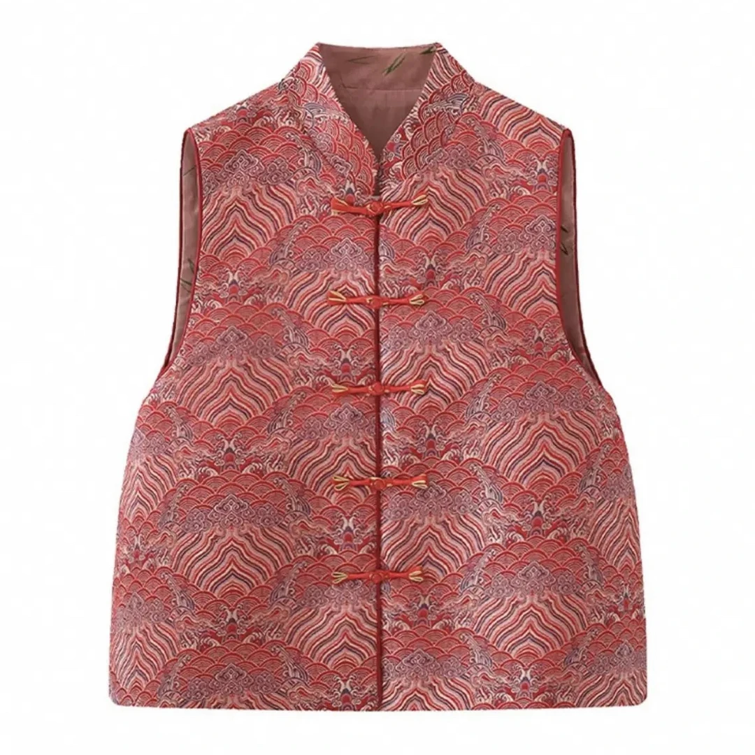 江崖桃花常规立领马夹 2025早春红色双面穿唐装复古马甲民族风