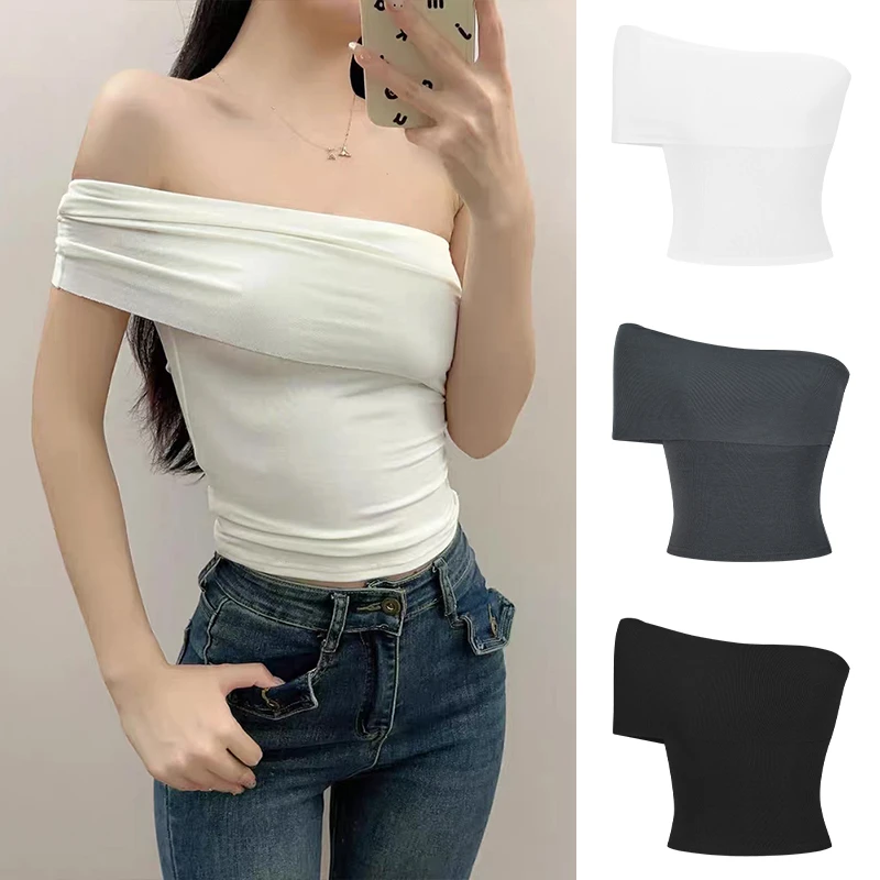 Moses Queen/魔西女王辣妹斜肩抹胸时髦短款短袖T恤性感纯欲上衣