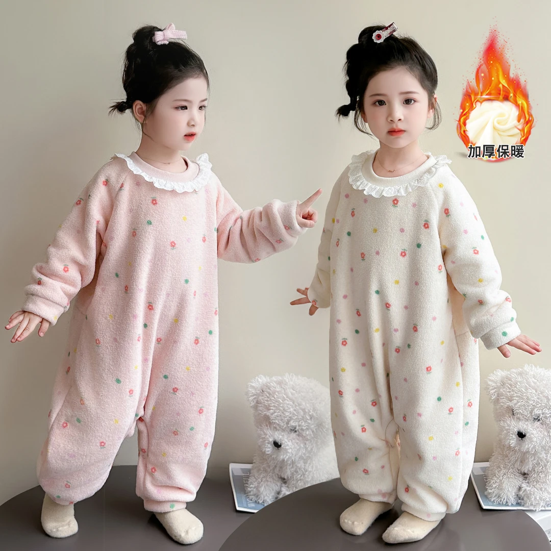 婴儿睡袋秋冬款宝宝半边绒睡衣加厚女童珊瑚绒小女孩家居服连体衣