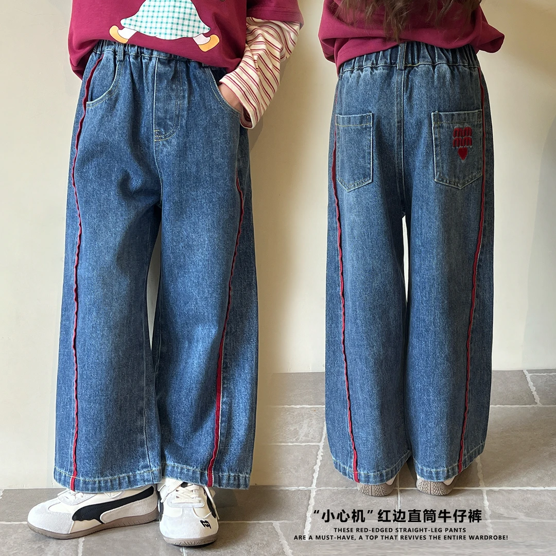 洋气韩范红织带秋季牛仔直筒裤