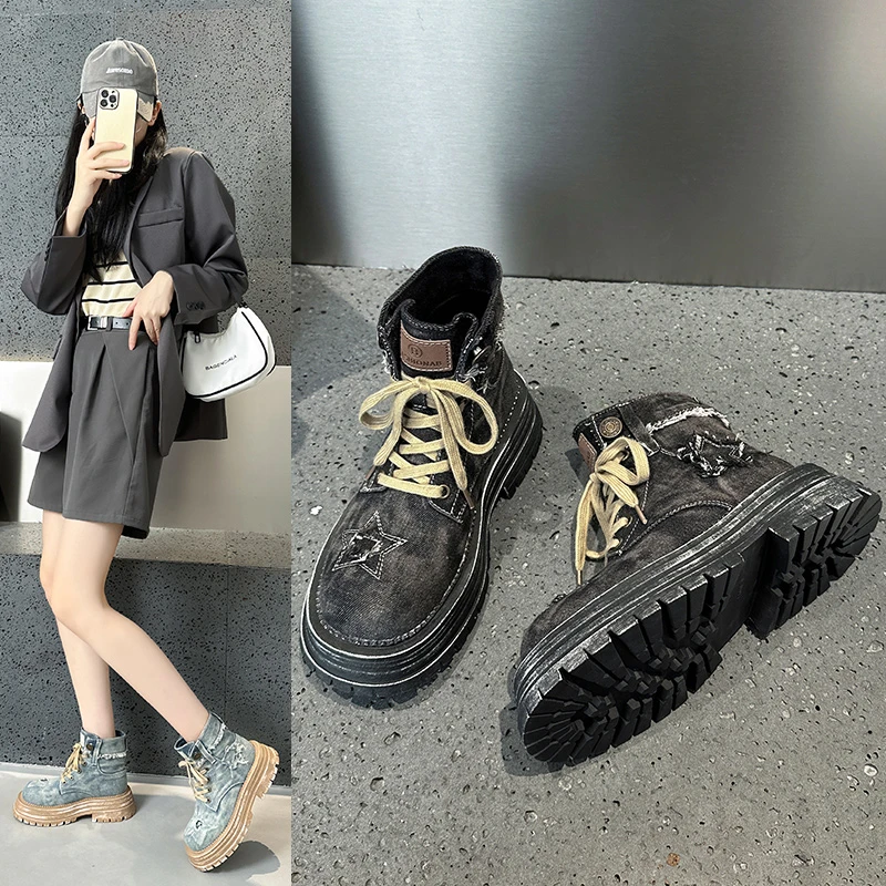 小香风靴子蓝色牛仔靴马丁靴透气短靴夏季厚底女靴工装靴子中筒靴