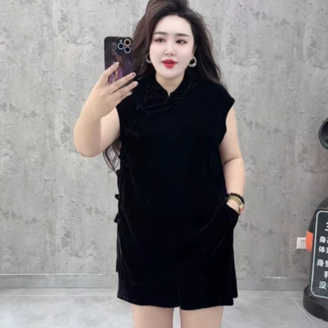 新中式显瘦旗袍搭配短裤绒夏季丝绒套装