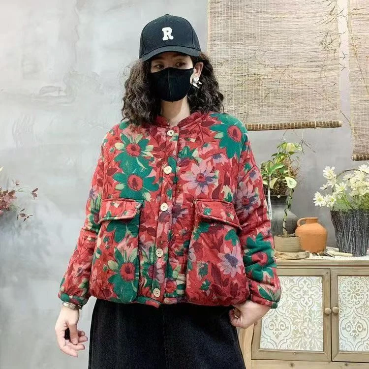 冬季新宽松大码加绒加厚碎花棉衣外套复古文艺休闲百搭大口袋棉袄