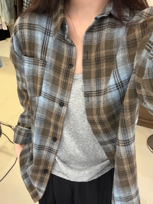 seashells@1510 美式复古早秋百搭格子条纹衬衫 8-3