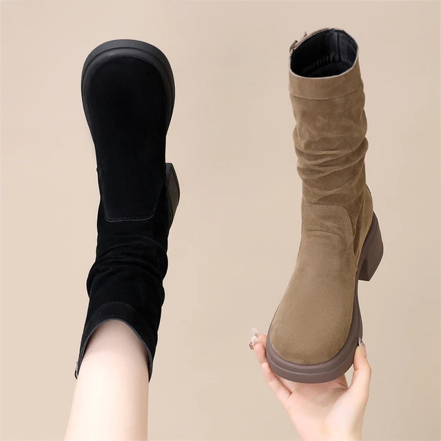 网红爆款粗跟褶皱堆堆靴女2025春秋新款复古增高小个子显瘦马丁靴