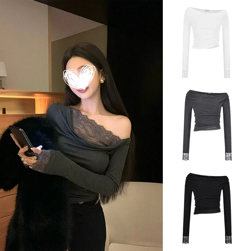 Moses Queen/魔西女王露肩蕾丝性感长袖t恤修身显瘦辣妹打底上衣