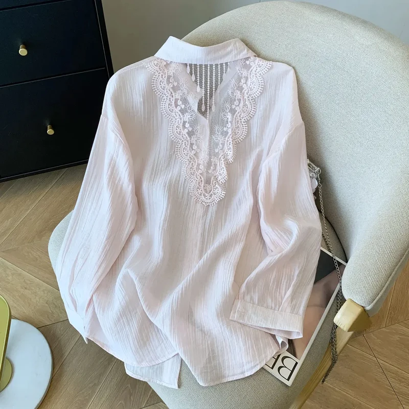 镂空蕾丝花边粉色防晒衬衫女夏季2025新款轻薄透气小个子冰丝外套