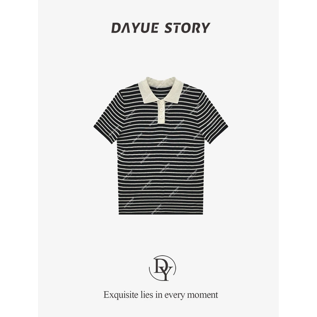 DAYUE【慢调时光】舒适质感~韩版翻领休闲百搭显瘦条纹Polo针织衫女