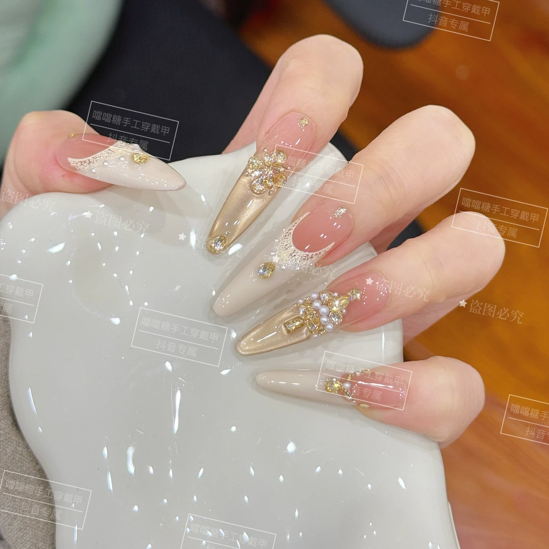 雪夜•鎏金 手工穿戴甲镂空法式锆石镶钻高级光疗美甲可拆卸穿戴甲