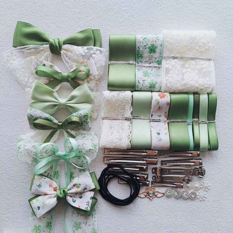 牛油果绿丝带套餐 手工发饰头饰配件diy发夹发绳自制蝴蝶结材料包