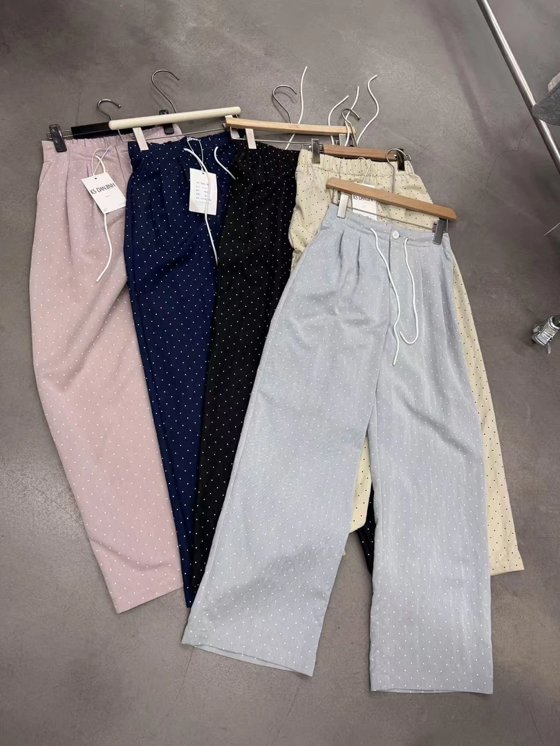 温柔瑶-Kiss#韩系显瘦高腰抽绳波点直筒裤#86610