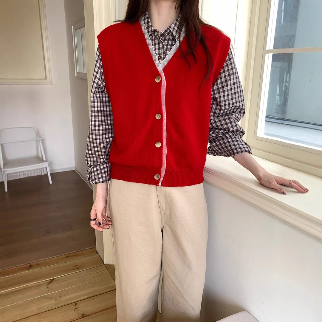 【冬季新品9折】圣诞红色羊毛针织马甲女MZ251557