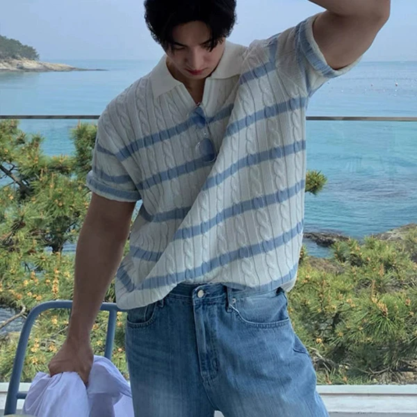 2025夏季新款男装翻领短袖Polo衫宽松休闲百搭潮流设计感条纹上衣
