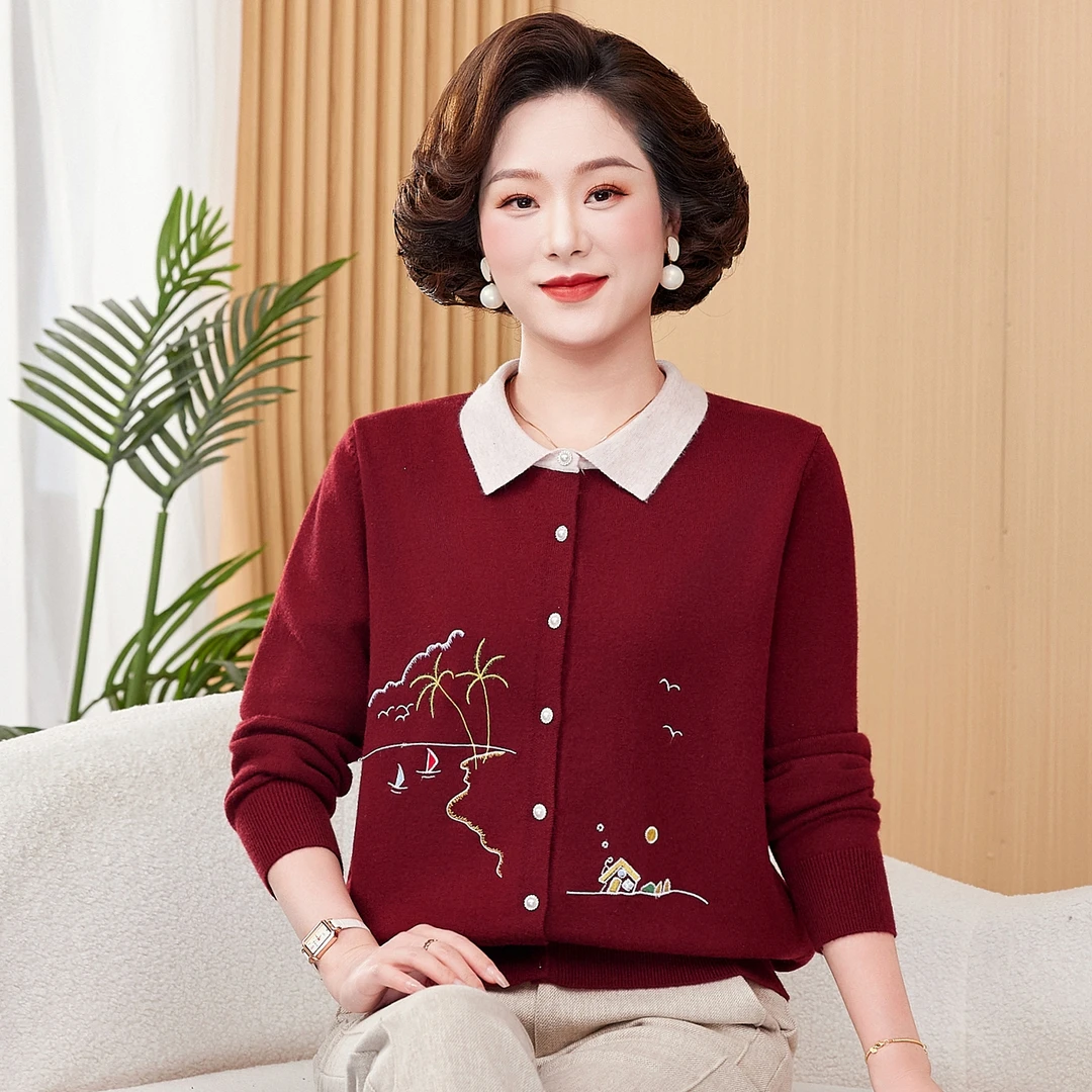 京玉花妈妈装秋季洋气刺绣开衫毛衣中老年女装时尚翻领针织衫
