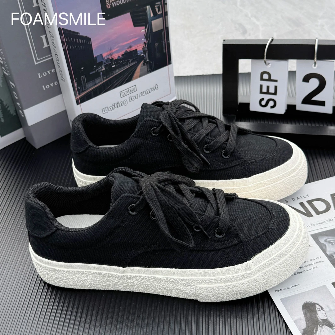 Foamsmile| 爆款纯色小众帆布鞋低帮男鞋透气黑色潮鞋ins男鞋子