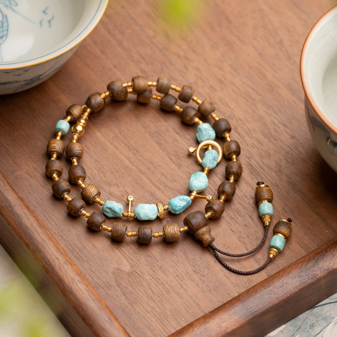 沉香【浮世梦】莺歌绿奇楠沉香5*6mm鼓珠绿松双圈手串 多样性发其一