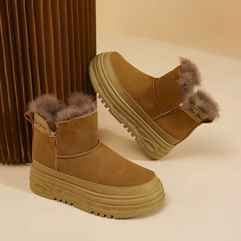 2025冬季新款时尚兔毛保暖防滑厚底雪地靴户外短靴加绒加厚