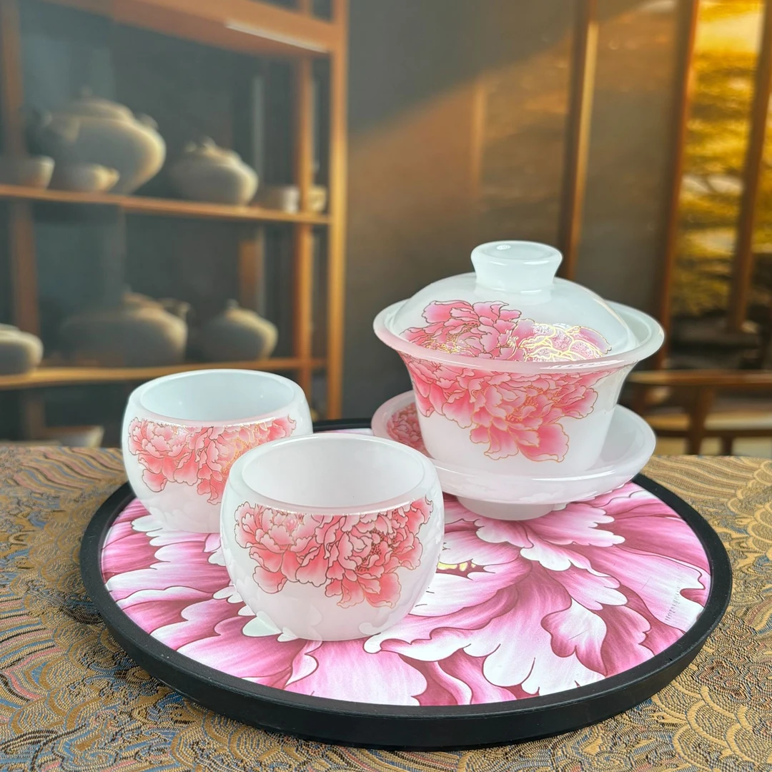 阿七的器 粉色牡丹琉璃三才盖碗+两杯+茶盘-c40