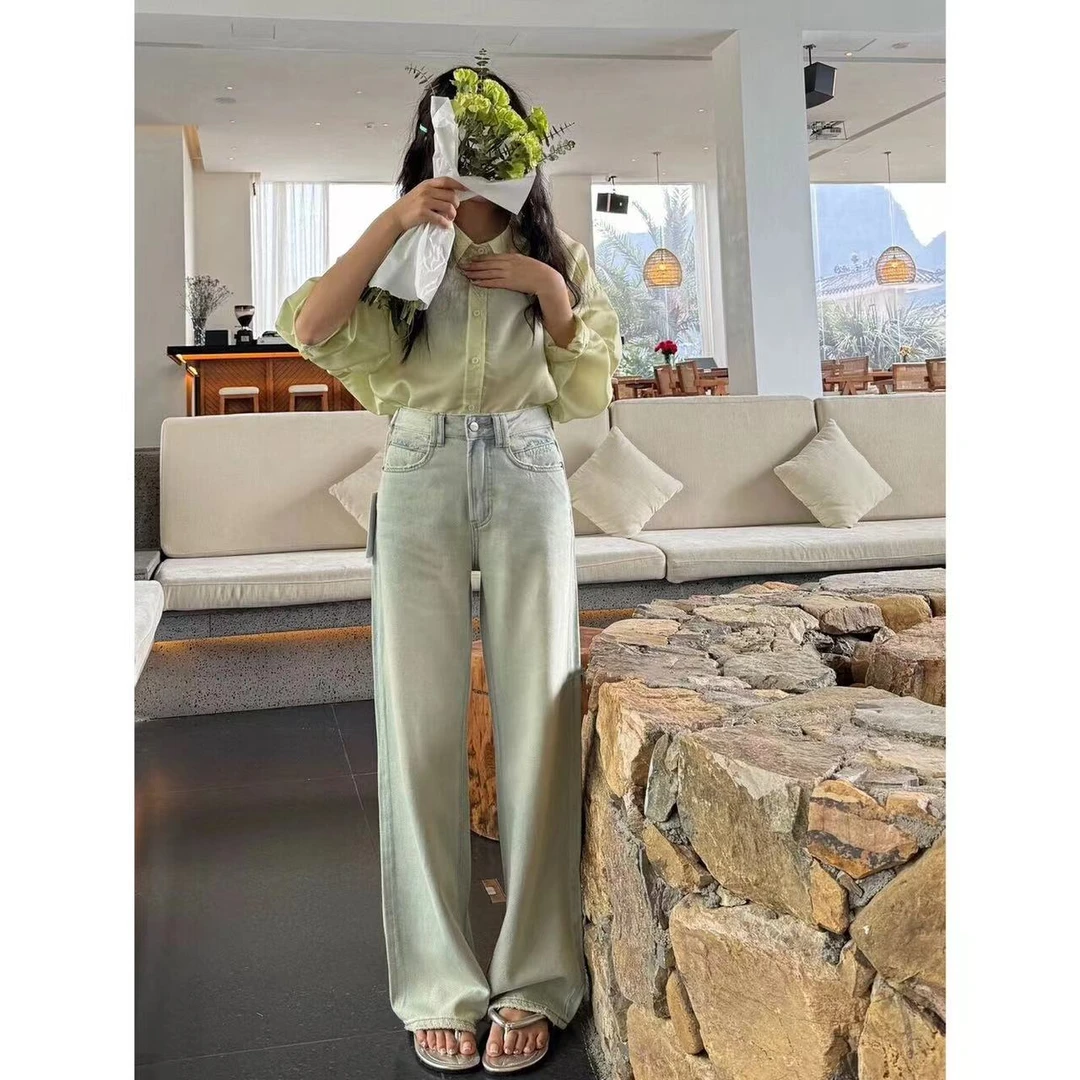 JLIA-8018无弹-设计感 窄版阔腿裤-浅色怀旧水洗工艺