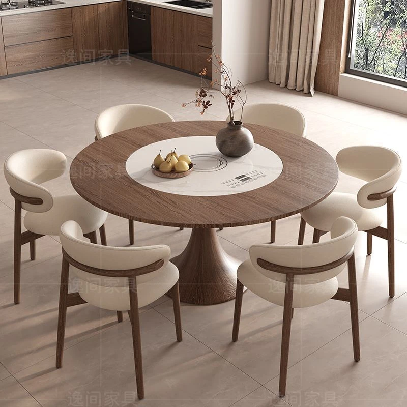 中古风餐桌椅组合家用小户型圆形白蜡木实木圆桌带暖菜板转盘饭桌