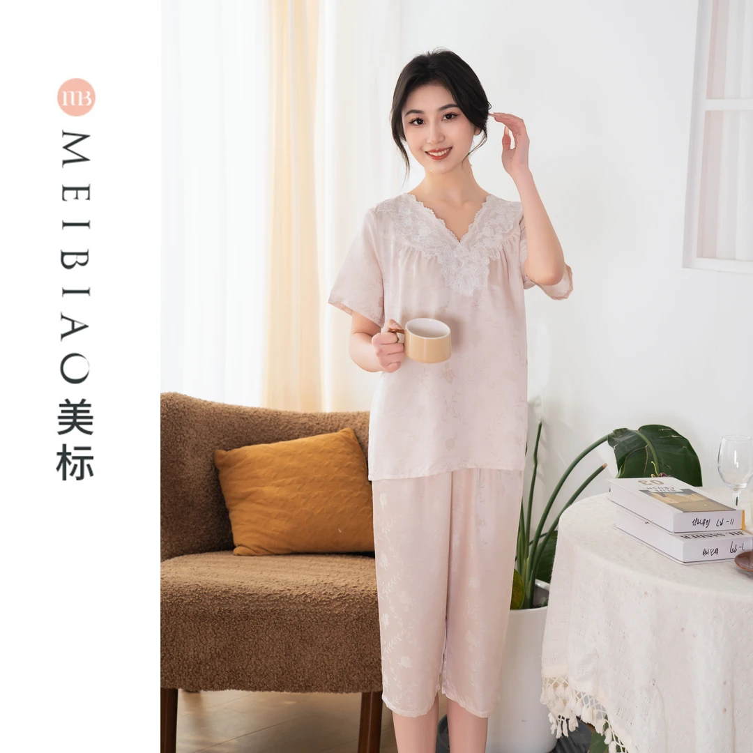 美标桑蚕丝25年女款提花气质知性夏季宽松透气短袖套装500001