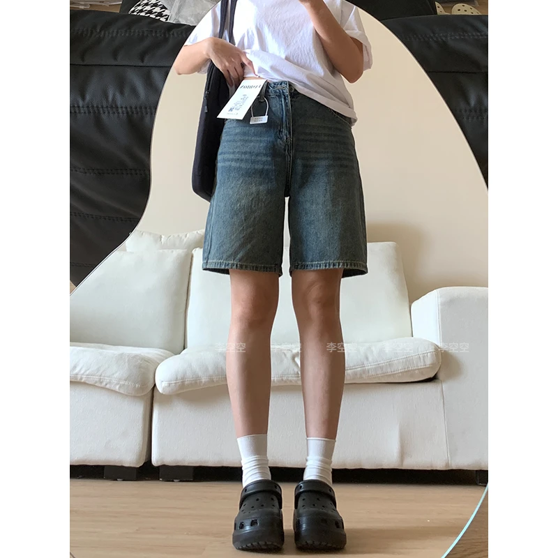 李空空【瘦瘦裤】复古蓝五分牛仔短裤女夏季新款小个子直筒显瘦中裤