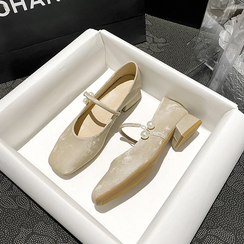 新中式方头粗跟单鞋女春季新款浅口玛丽珍鞋女童大码防水台女鞋