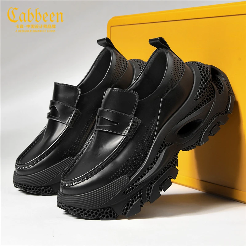 卡宾镂空乐福鞋冬季新款男鞋厚底增高黑色老爹鞋一脚蹬鞋子男潮鞋