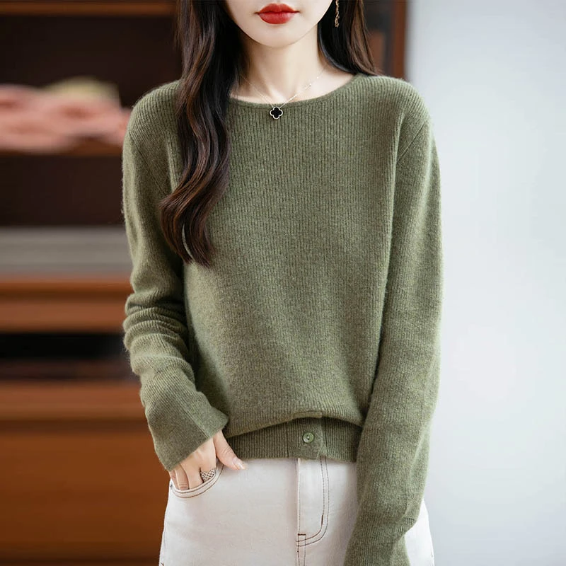 春秋特大码100%纯羊毛衫一字领百搭针织衫女秋冬宽松显瘦简约毛衣