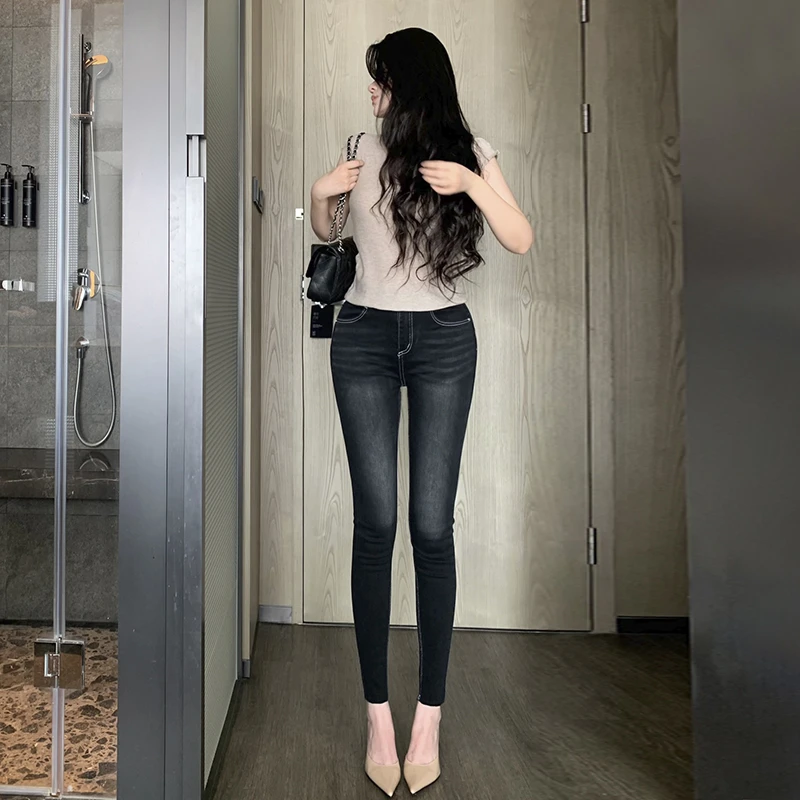 加长高个子黑灰高腰小脚牛仔裤女秋冬加绒九分靴裤修身显瘦铅笔裤