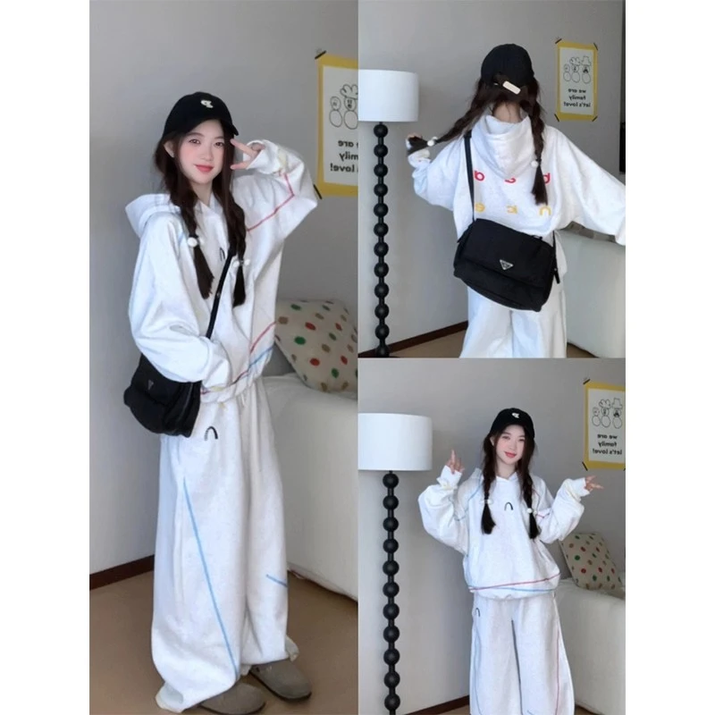 2-300斤加肥大码美式高街时尚套装男女秋冬连帽卫衣阔腿裤两件套