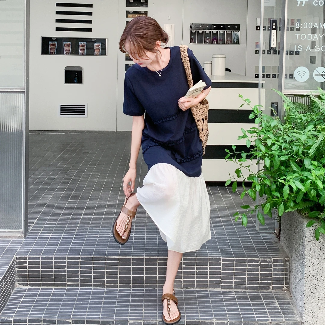 藏青色宽松夏季拼接连衣裙韩版减龄气质中长款遮肚显瘦设计感裙子