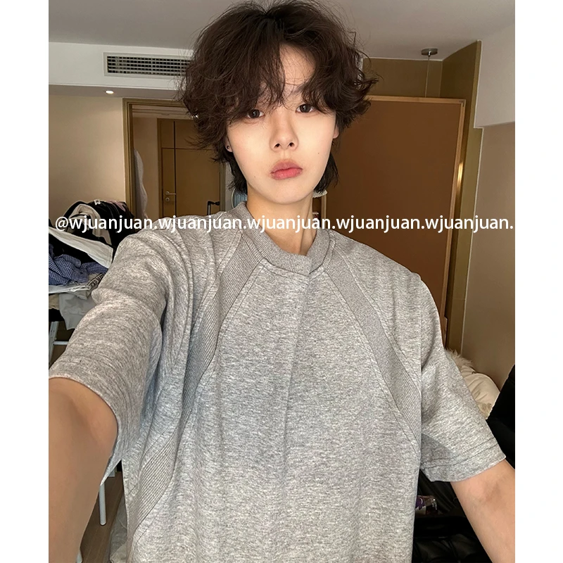 『WJUANJUAN』夏季男女clieanfit修身美式小领口太空棉拼接短款T恤