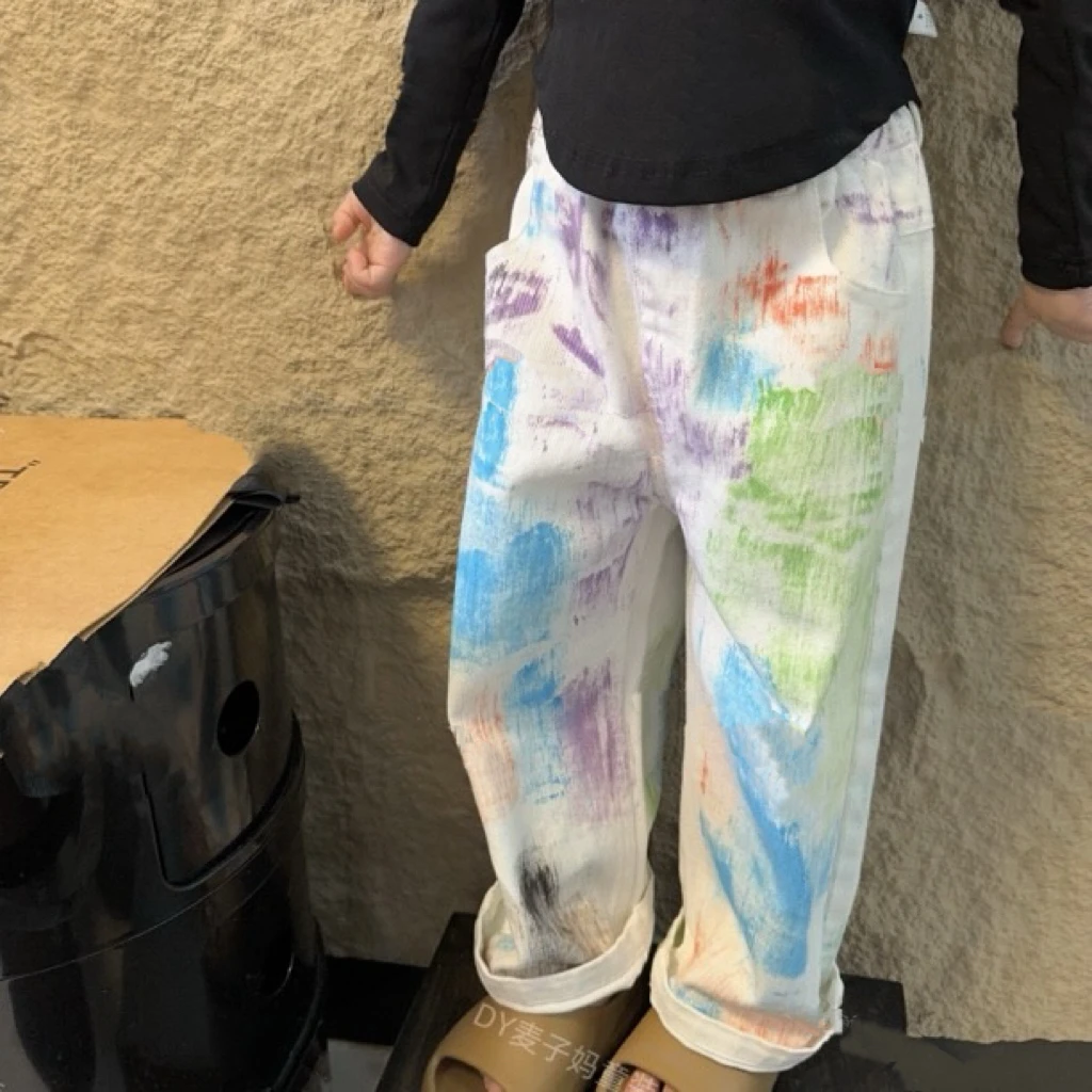 现货MZ.儿童春夏时髦氛围感扎染休闲直筒百搭裤子1449