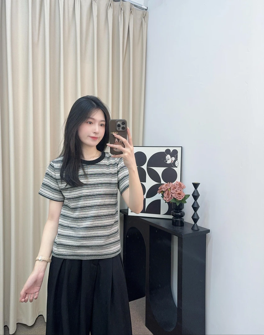 【千懿现货】撞色条纹短袖T恤女夏季薄款宽松上衣