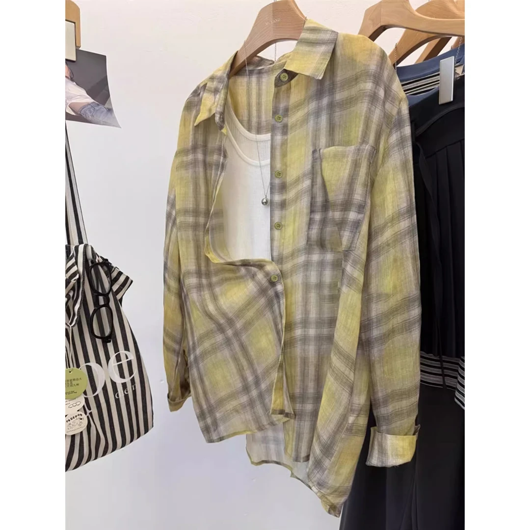 韩系格子polo领衬衫外套女夏季小个子外搭宽松薄款开衫上衣薄百搭