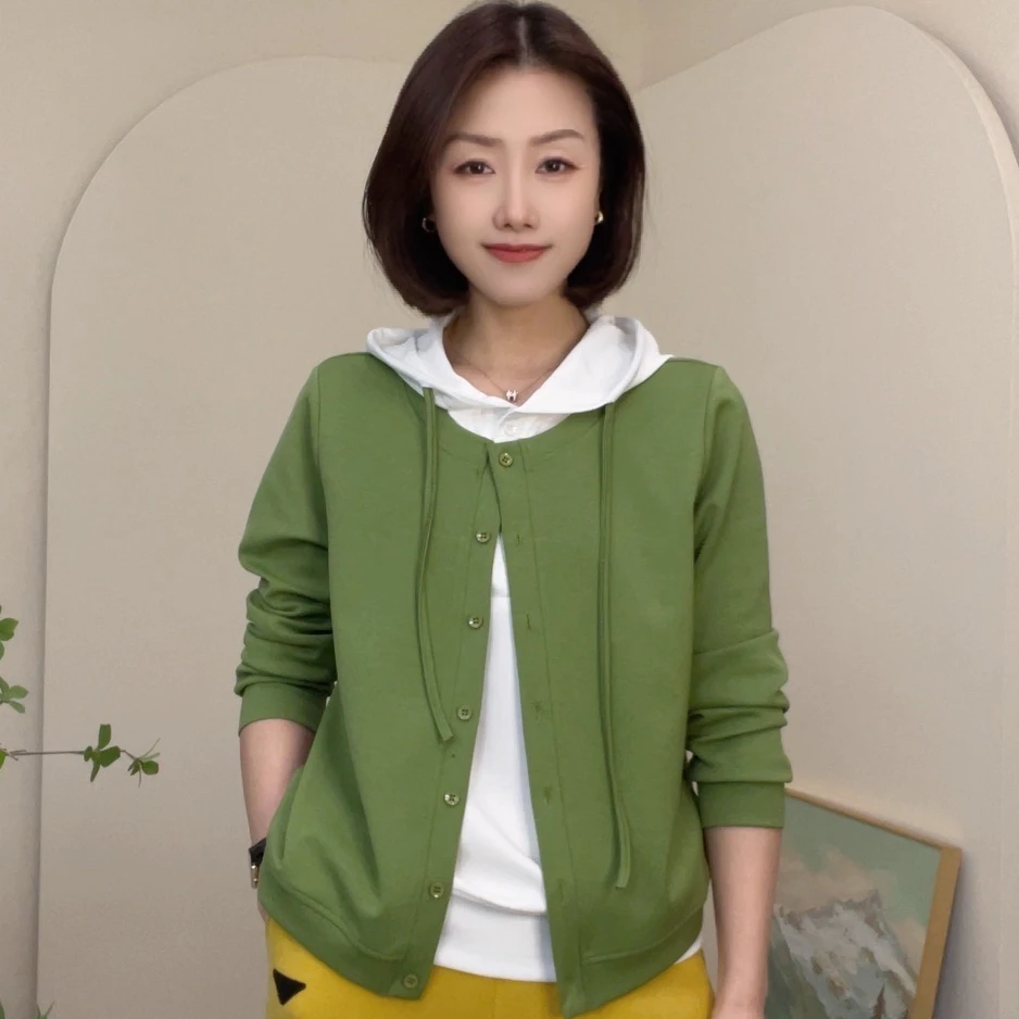 84750春季新款高级感假两件开衫长袖卫衣百搭打底衫女修身上衣