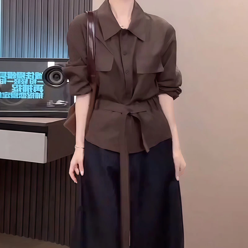 松弛感腰带长袖衬衫女春秋新款独特别致休闲宽松显瘦百搭收腰上衣