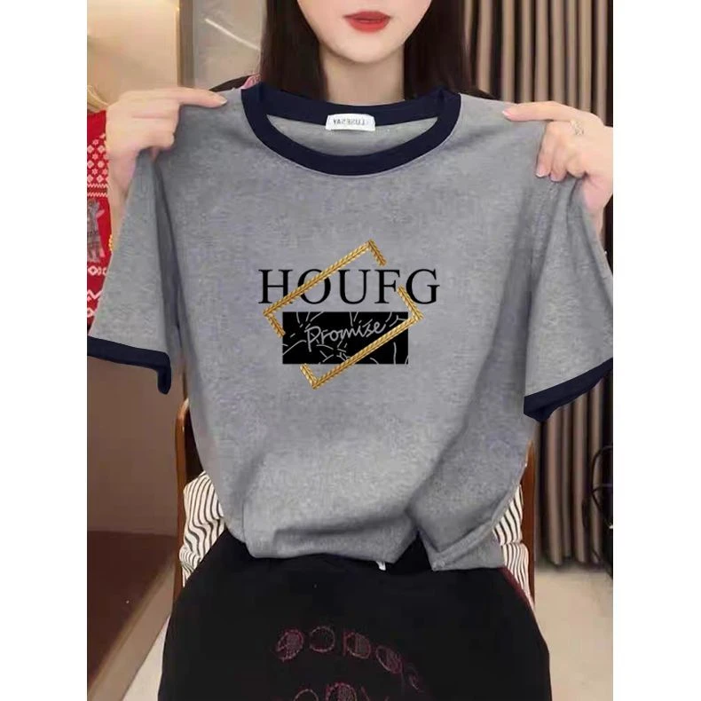 拼色正肩纯棉短袖t恤女士2025新款小众设计感灰色薄款上衣夏季潮