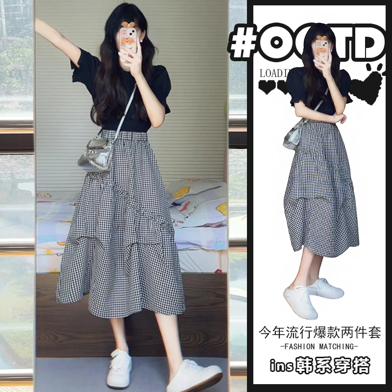 微胖穿搭一整套女夏法式气质梨型显瘦泡泡袖衬衫格纹半身裙两件套