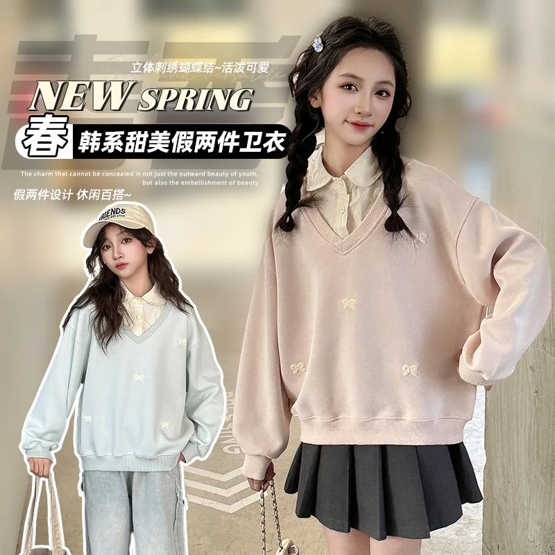 女童假两件卫衣春秋新款2025春季上衣中大童蝴蝶结绣花甜美POLO衫