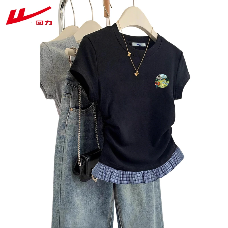 回力美式夏季小众棉短袖短款辣妹修身圆领运动多巴胺夏装T恤女