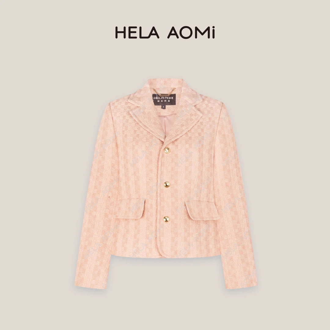 HELA AOMI“70%绵羊毛 粉色小香”粗纺工艺气泡格纹粗花呢香风外套