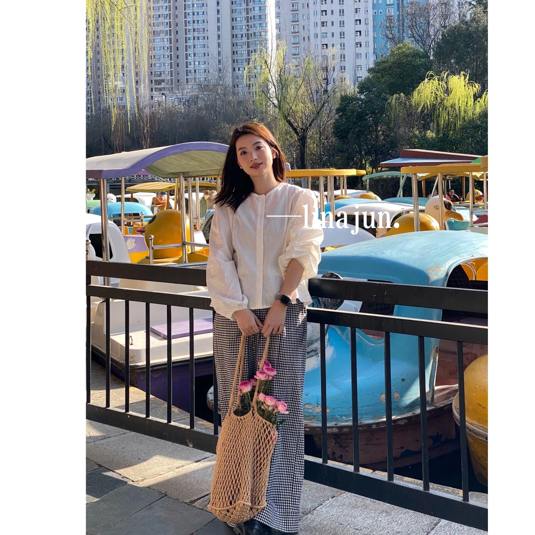 3.22《白栀》春夏新款韩系少女风亚麻蕾丝镂空衬衫格纹休闲裤