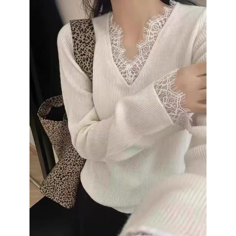 设计感法式秋冬蕾丝花边拼接套头V领针织衫上衣气质淑女款打底衫